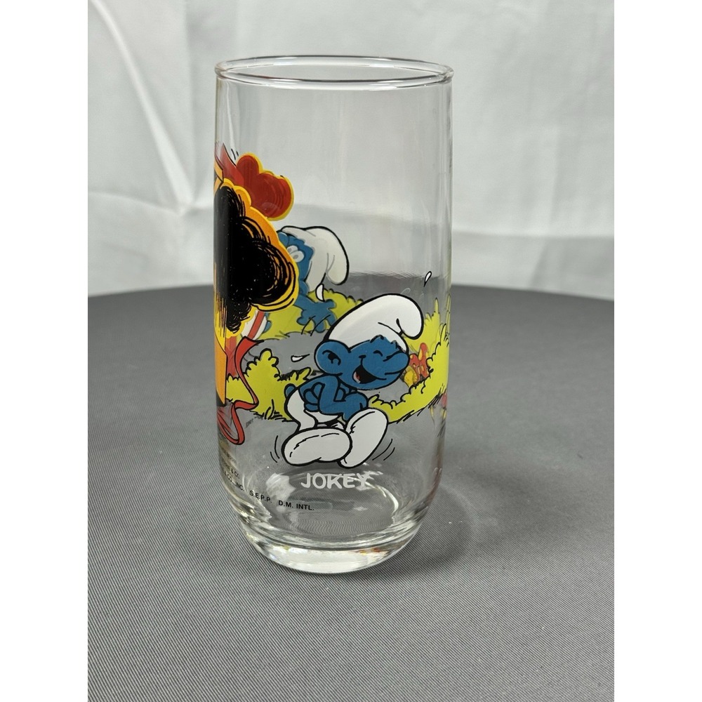 Jokey Smurf Clear Drinking‎ Glass 1982 Hardees 6" Peyo Wallace Berrie Vintage
